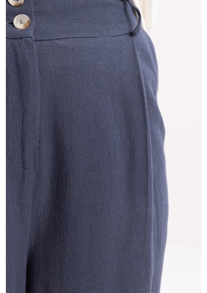Indigo-Pileli Geniş Paça Keten Pantolon fırsatları