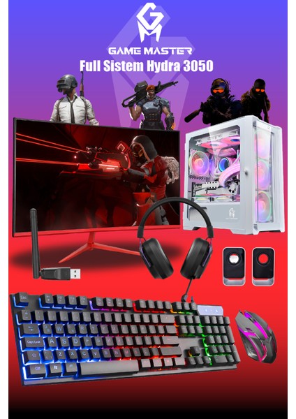 Full Sistem Set Hydra 3050 Ryzen 5 5500 Cpu 16GB 3200MHZ Ram 512GB Nvme M.2 SSD RTX3050 23.8" 165hz Monitör Beyaz Gaming Pc