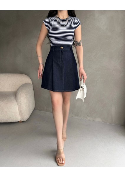 Yüksek Bel Pileli Denim Mini Etek