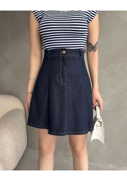 Yüksek Bel Pileli Denim Mini Etek