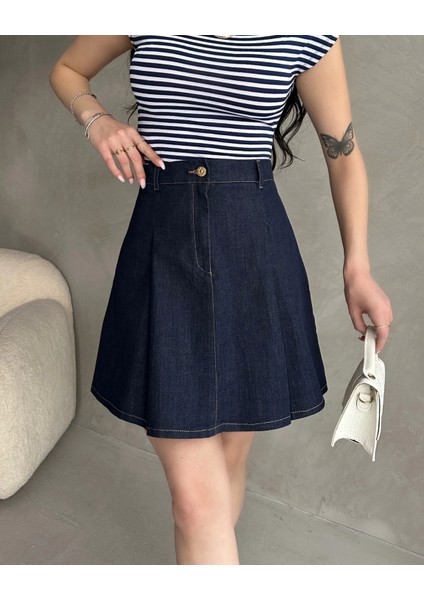 Yüksek Bel Pileli Denim Mini Etek