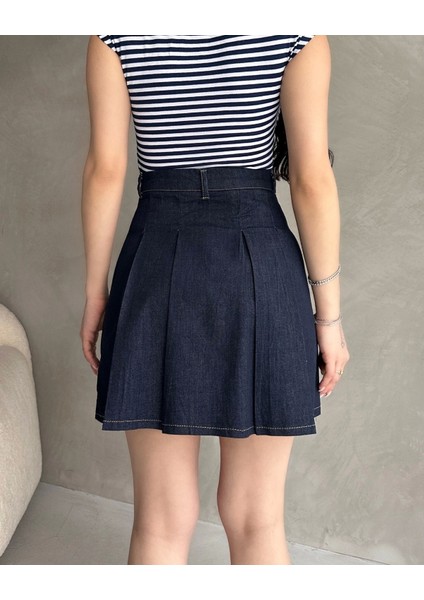 Yüksek Bel Pileli Denim Mini Etek
