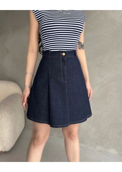 Yüksek Bel Pileli Denim Mini Etek