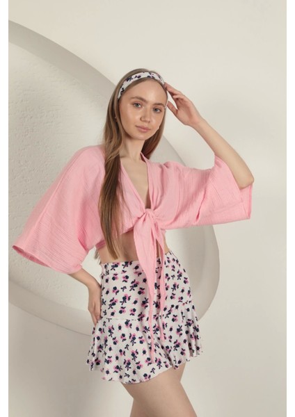 Bürümcük Çiçek Desen Şort Etek-Fuşya