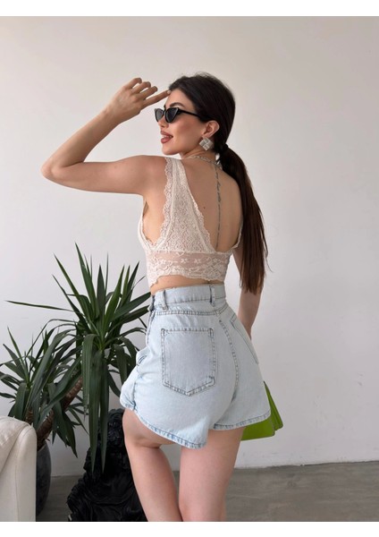 Yırtmaç Detaylı Denim Şort Etek
