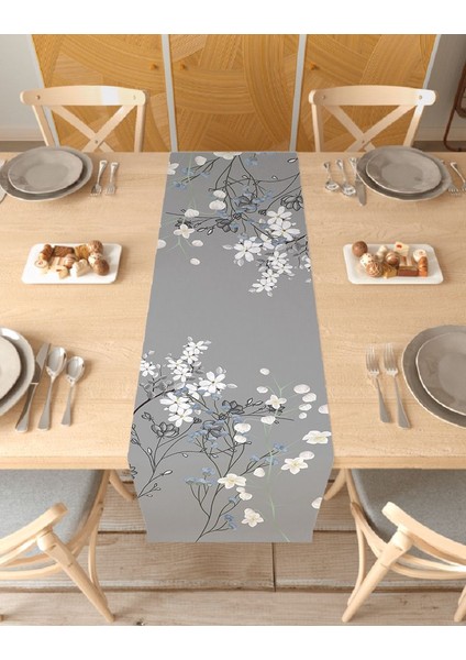 Çiçek Gri Desenli Özel Tasarım Runner Dijital Baskılı Dekoratif Masa Örtüsü Modern Ev Dekorasyonu
