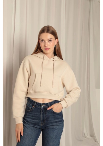 Üç Iplik Kumaş Kapüşonlu Kısa Kadın Bej Sweat