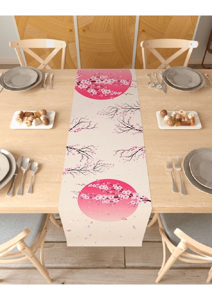 Sakura Çiçek Desenli Özel Tasarım Runner Dijital Baskılı Dekoratif Masa Örtüsü Modern Ev Dekorasyonu