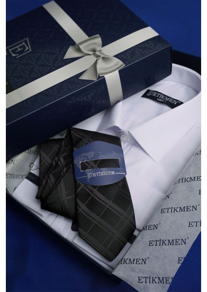 Beyaz Saten & Siyah Baklava Desen Hediye Kutulu Gömlek Kravat Seti fırsatları