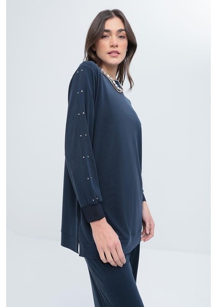 Indigo-Taş Detaylı Likralı Sweat