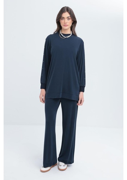 Indigo-Taş Detaylı Likralı Sweat