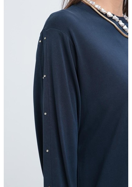 Indigo-Taş Detaylı Likralı Sweat