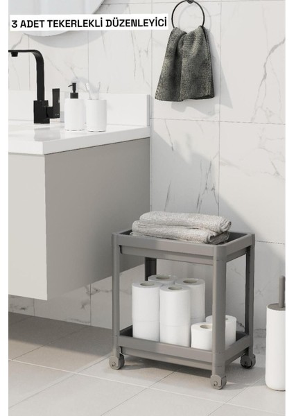3'lü Gri Çok Katlı Tekerlekli Mutfak ve Banyo Düzenleyici