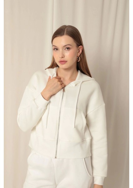 Üç Iplik Fermuarlı Kapüşonlu Kısa Ekru Sweat