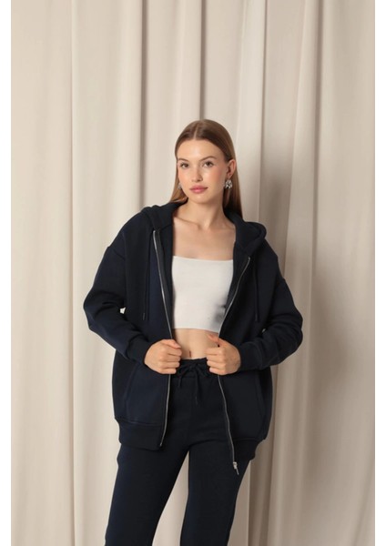 Üç Iplik Kanguru Cep Fermuarlı Kapüşonlu Kadın Lacivert Sweat modelleri