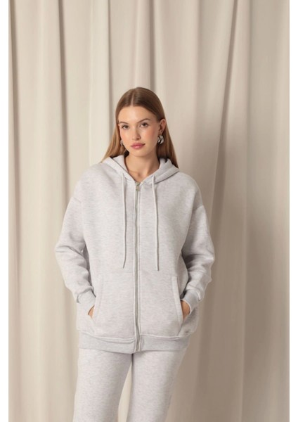 Üç Iplik Kanguru Cep Fermuarlı Kapüşonlu Kadın Gri Sweat