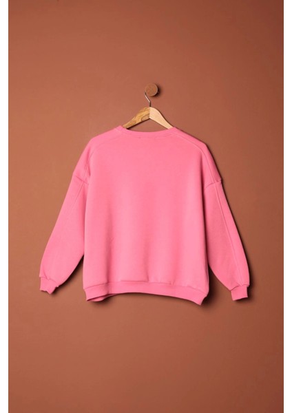 Üç Iplik Sıfır Yaka Çimalı Kadın Pembe Sweat