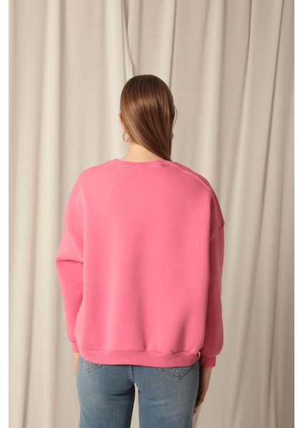Üç Iplik Sıfır Yaka Çimalı Kadın Pembe Sweat