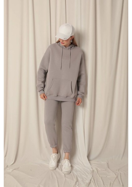 Üç Iplik Kumaş Kanguru Cep Kapüşonlu Kadın Gri Sweat modelleri