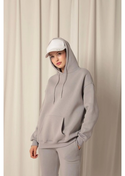 Üç Iplik Kumaş Kanguru Cep Kapüşonlu Kadın Gri Sweat fırsatları