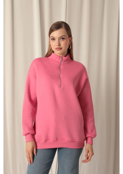 Üç Iplik Dik Yaka Yarım Fermuarlı Kadın Pembe Sweat modelleri