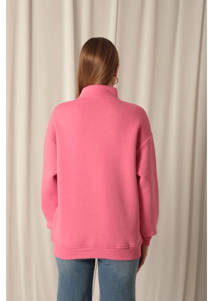 Üç Iplik Dik Yaka Yarım Fermuarlı Kadın Pembe Sweat indirimleri