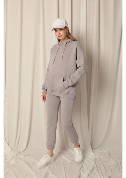 Üç Iplik Kumaş Kanguru Cep Kapüşonlu Kadın Gri Sweat indirimleri