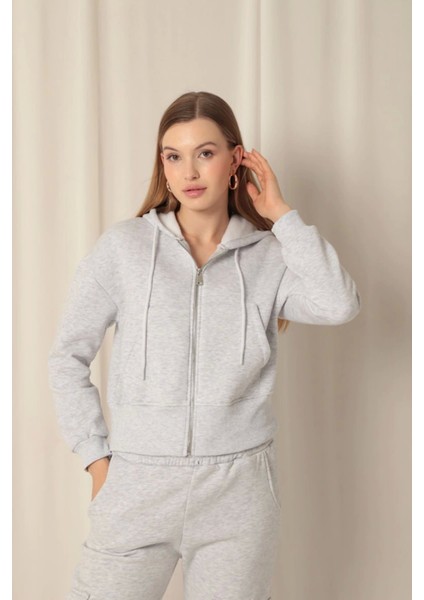 Üç Iplik Fermuarlı Kapüşonlu Kısa Açık Gri Sweat