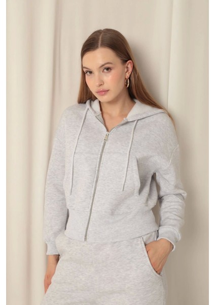 Üç Iplik Fermuarlı Kapüşonlu Kısa Açık Gri Sweat