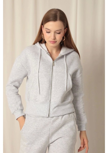Üç Iplik Fermuarlı Kapüşonlu Kısa Açık Gri Sweat