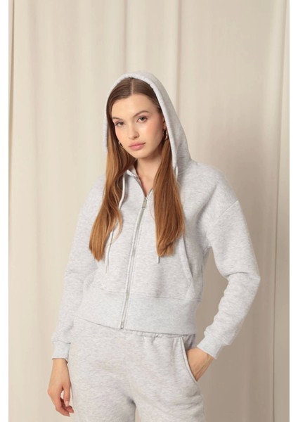 Üç Iplik Fermuarlı Kapüşonlu Kısa Açık Gri Sweat