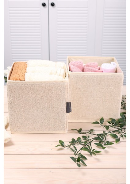 2'li Bej Havlu Kumaşlı Çekmece ve Masaüstü Düzenleyici, 20X20X20 cm