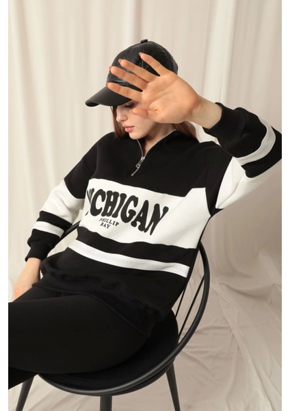 Üç Iplik Michigan Baskılı Fermuarlı Kadın Siyah Sweat modelleri