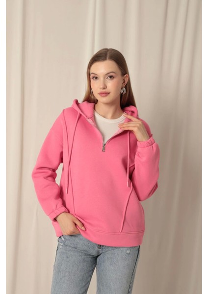 Üç Iplik Kumaş Fermuarlı Kadın Pembe Sweat