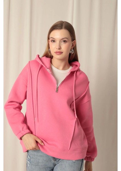 Üç Iplik Kumaş Fermuarlı Kadın Pembe Sweat modelleri