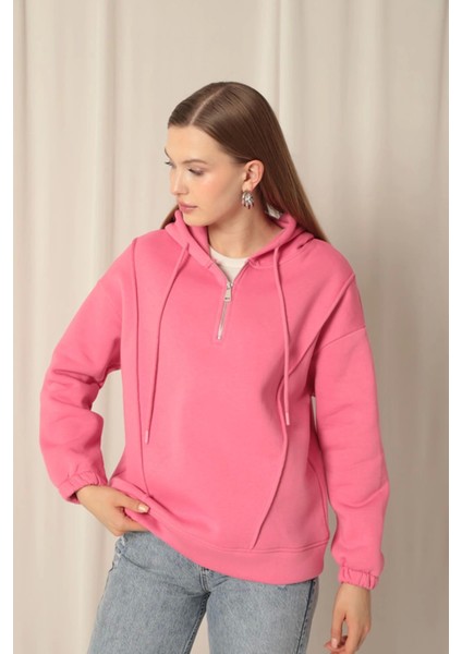 Üç Iplik Kumaş Fermuarlı Kadın Pembe Sweat indirimleri