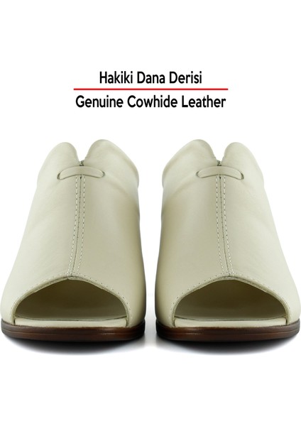 Valery Bej Hakiki Dana Derisi Önü Açık Kalın Topuklu Terlik