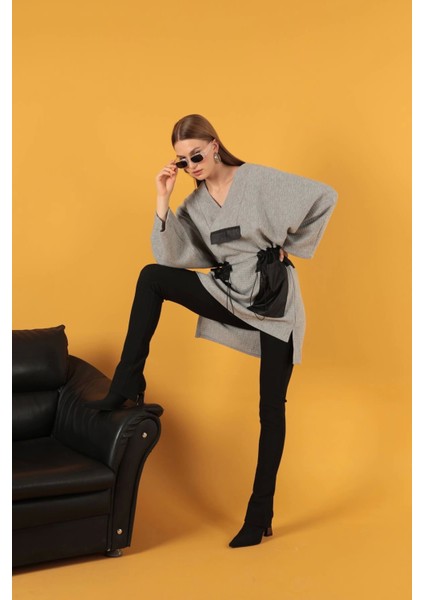Petek Kumaş Garnili Oversize Kadın Sweat-Gri