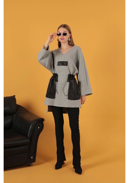 Petek Kumaş Garnili Oversize Kadın Sweat-Gri