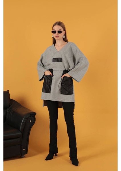 Petek Kumaş Garnili Oversize Kadın Sweat-Gri