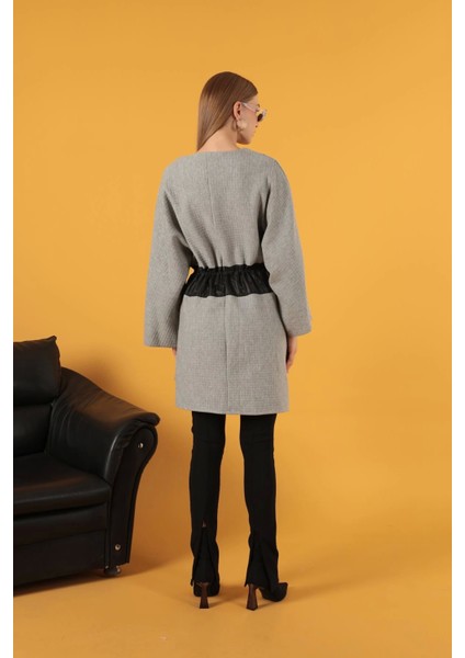Petek Kumaş Garnili Oversize Kadın Sweat-Gri