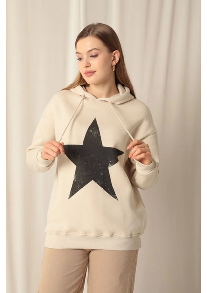 Üç Iplik Yıldız Baskılı Kapüşonlu Kadın Bej Sweat fiyatları