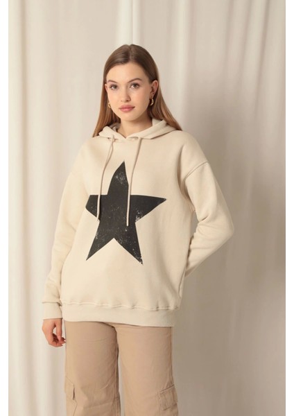 Üç Iplik Yıldız Baskılı Kapüşonlu Kadın Bej Sweat modelleri