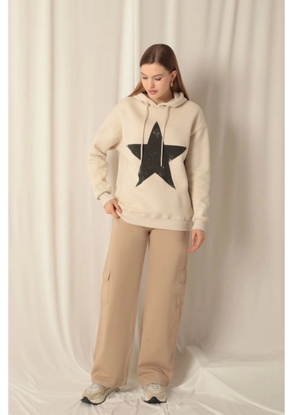 Üç Iplik Yıldız Baskılı Kapüşonlu Kadın Bej Sweat indirimleri