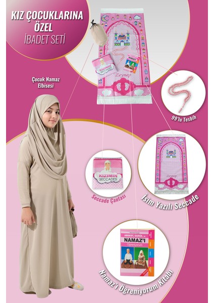 Çantalı Kız Çocuk Namaz Elbisesi, Isimli Seccade, Tesbih ve Namaz Öğreniyorum Kitabı Seti - Krem
