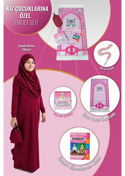 Çantalı Kız Çocuk Namaz Elbisesi, Isimli Seccade, Tesbih ve Namaz Öğreniyorum Kitabı Seti - Fuşya