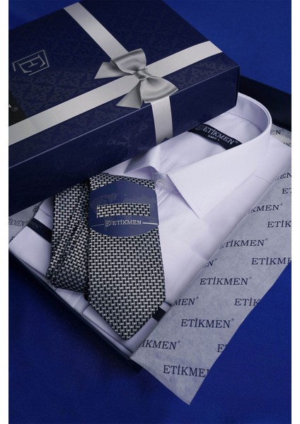 Beyaz Saten & Siyah Gri Desen Hediye Kutulu Gömlek Kravat Seti fırsatları