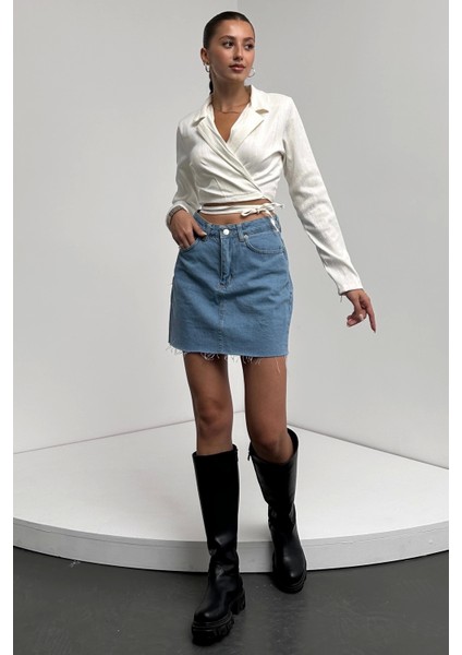 Gömlek Yaka Beli Bağlamalı Crop Bluz fiyatları