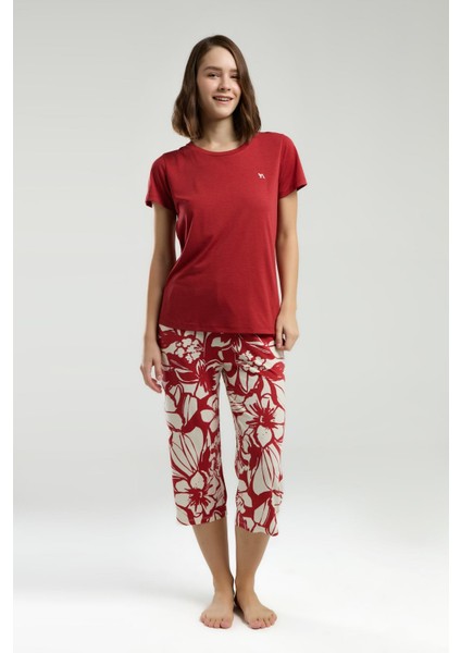 Kadın Bisiklet Yaka Kısa Kollu Kapri Pijama Takım