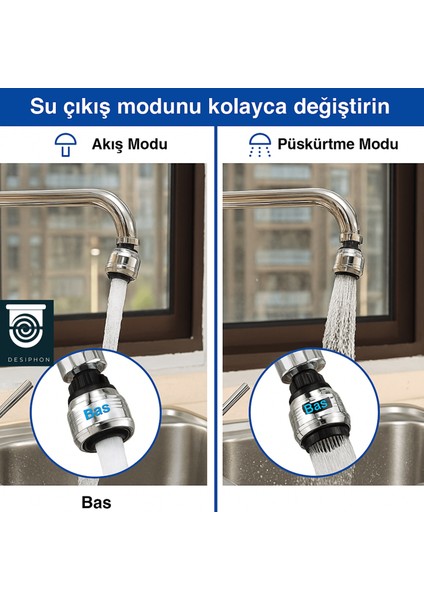 Krom 2 Fonksiyonlu Mutfak Lavabo Başlığı 360° Döner Su Tasarruflu Musluk Ucu Aparatı modelleri